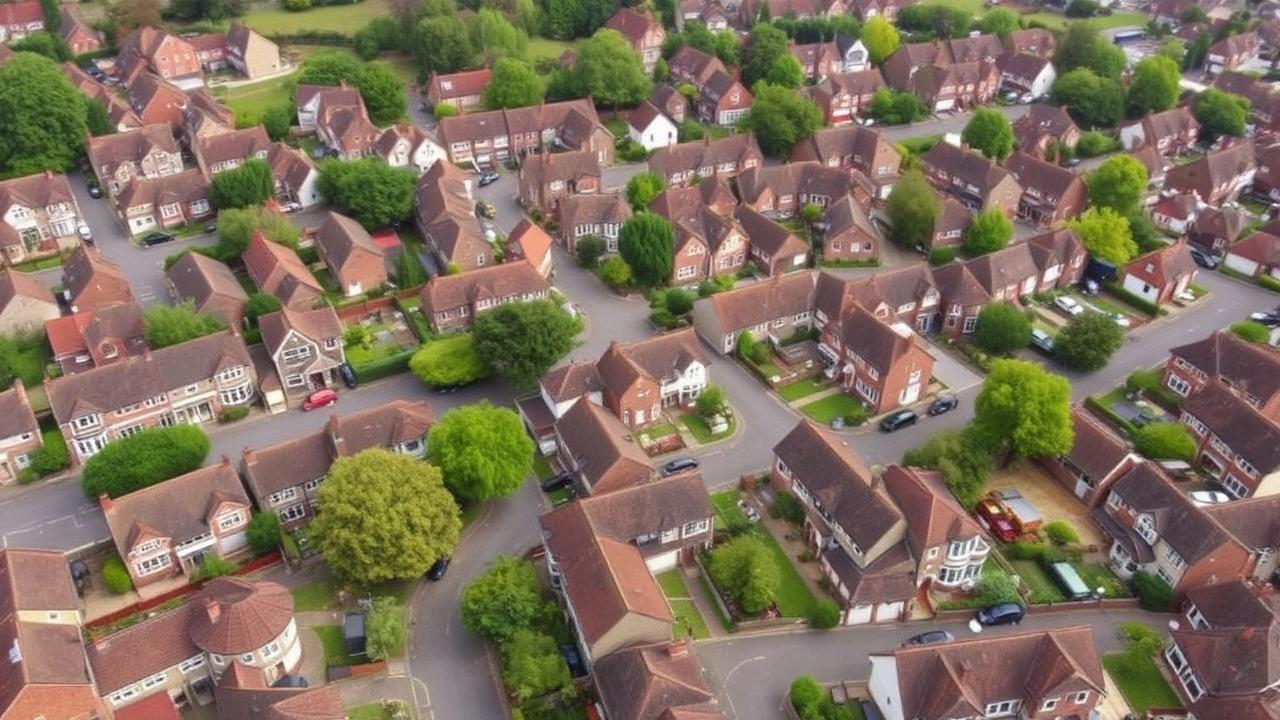 Aerial view of Bromsgrove residential area showing houses with pitched roofs in a typical English market town