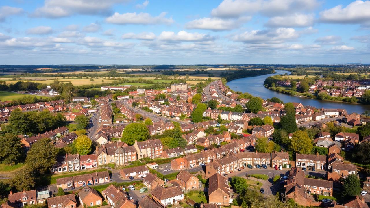 Aerial view of Evesham town showing riverside properties and residential streets along the River Avon
