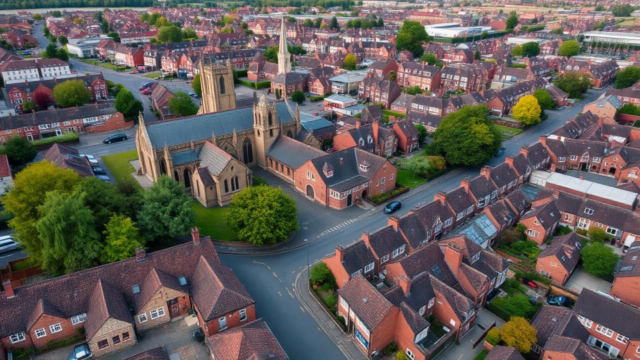 Aerial view of Hereford showing the cathedral and residential streets with traditional brick houses and tiled roofs