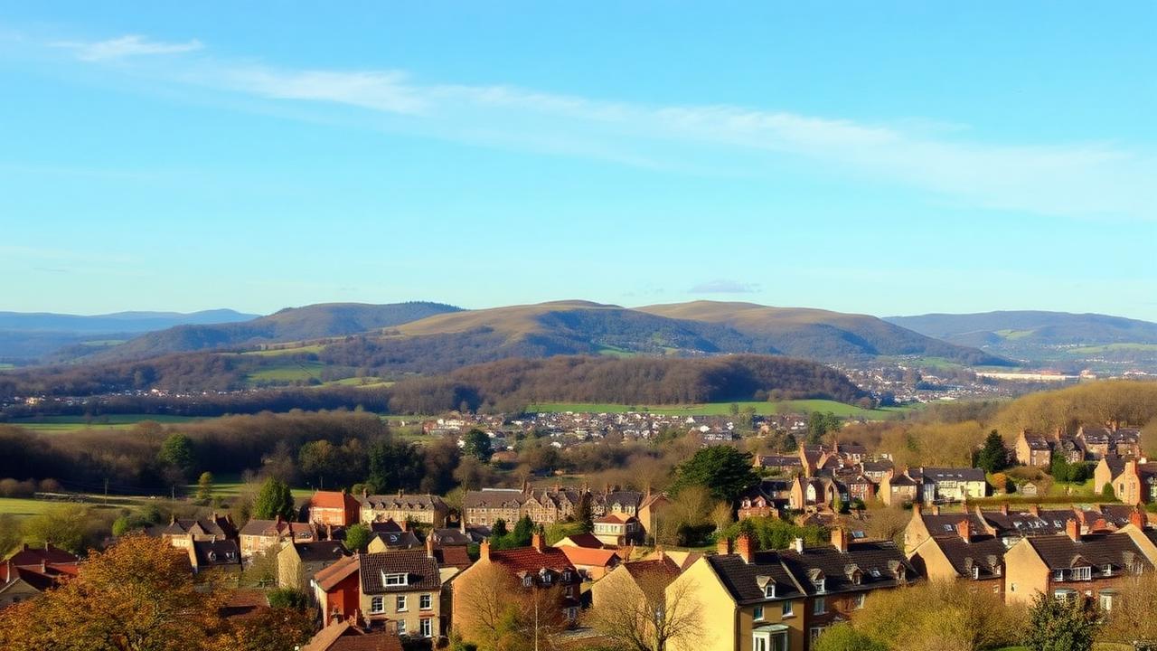 Aerial view of Malvern with the Malvern Hills in the background showing residential properties with traditional roofs