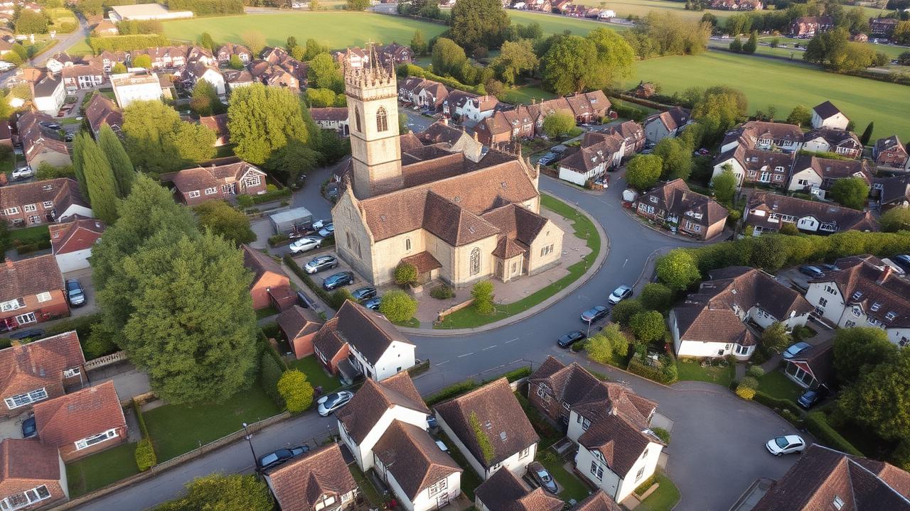 Aerial view of Pershore showing the abbey and residential streets with traditional architecture