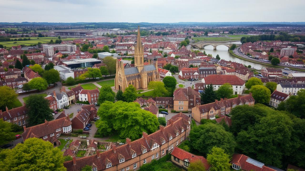 Aerial view of Worcester cityscape showing residential properties and the cathedral along the River Severn
