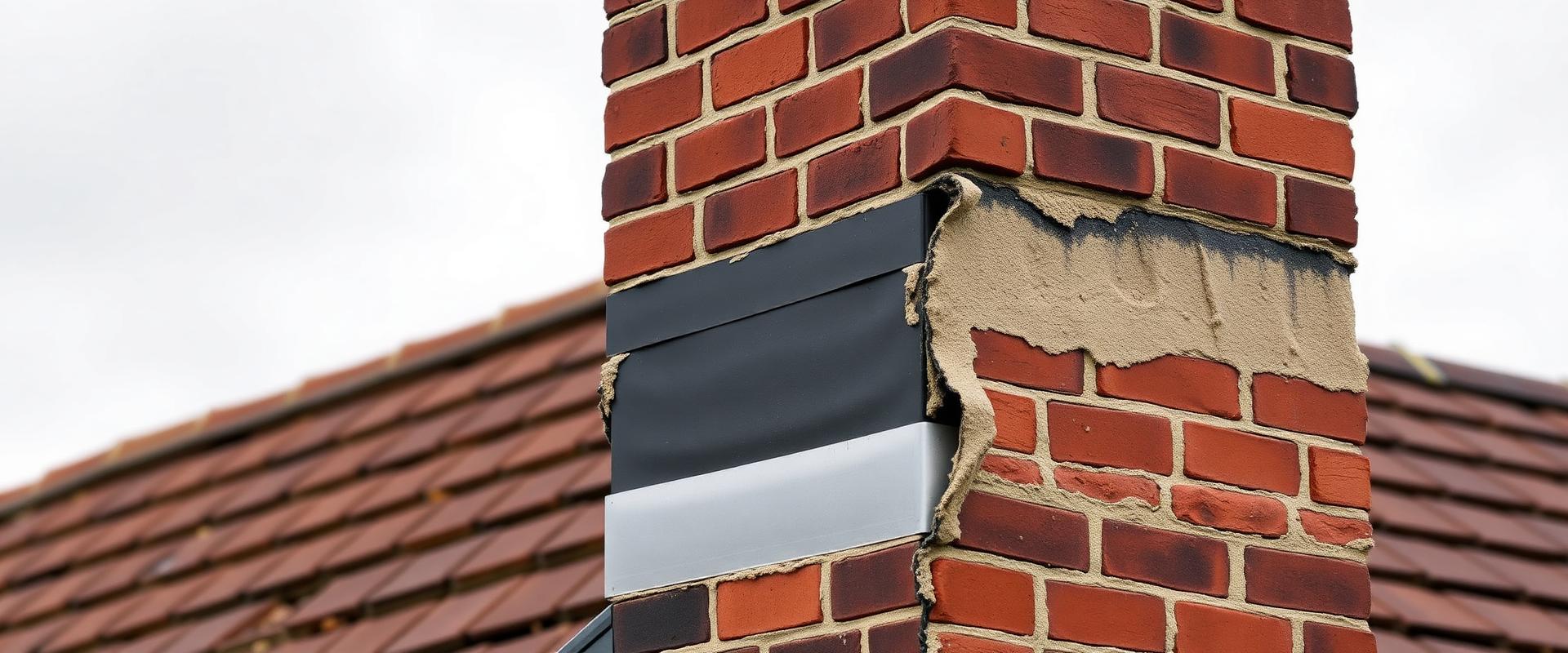 Brick chimney stack being repointed with fresh mortar and new lead flashing