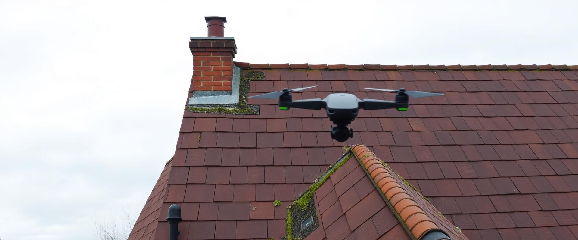Drone inspecting a residential roof with clay tiles and chimney in Stoke-on-Trent