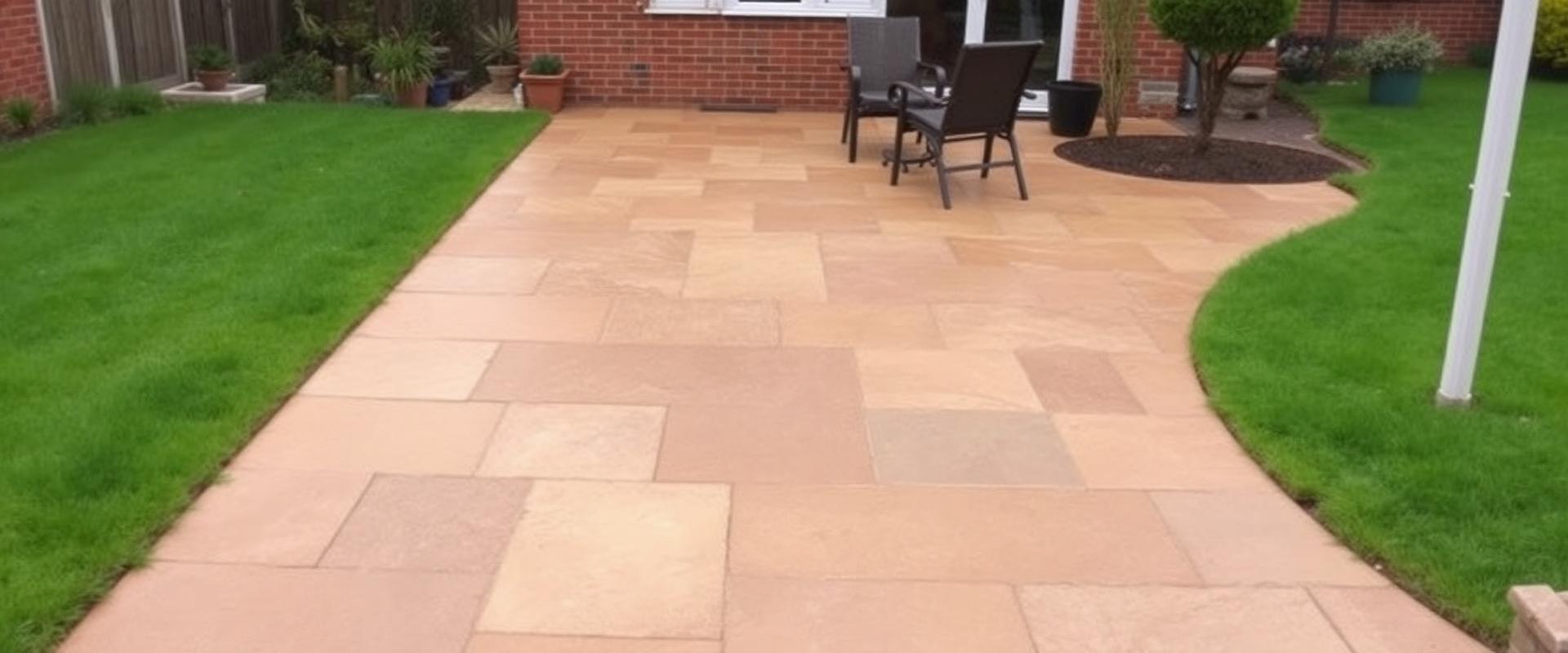 Natural Indian sandstone patio installation with curved lawn edge in a British garden