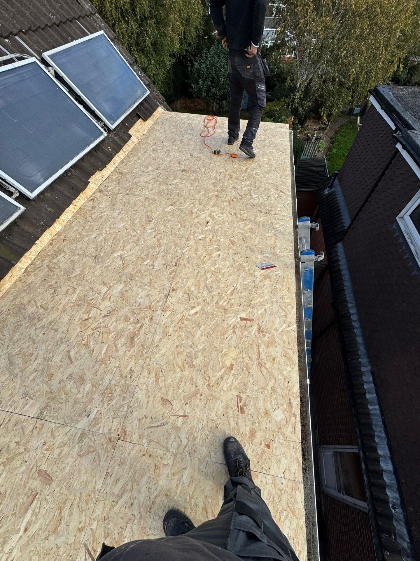 New OSB3 deck boards fitted ready for flat roof membrane installation