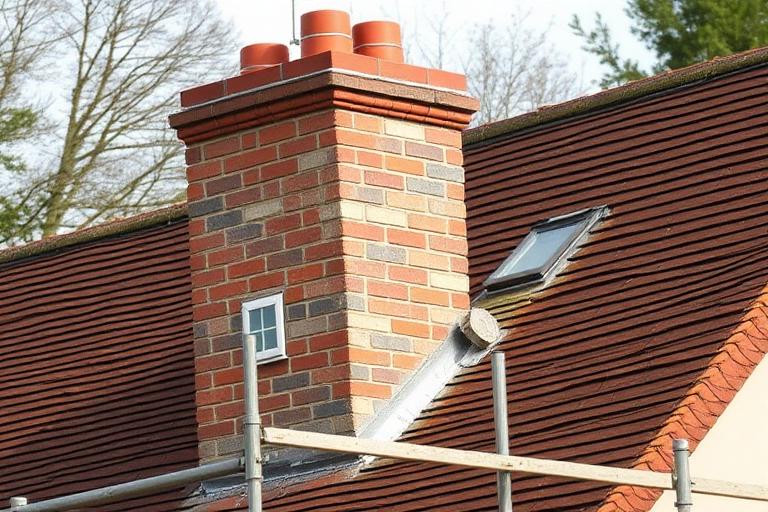 Brick chimney stack with scaffolding during repair work