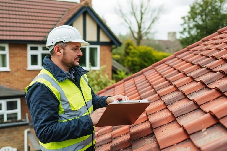 Roofing inspector examining tiles with a clipboard