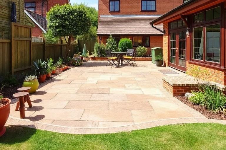 Natural stone patio with garden furniture in a British back garden