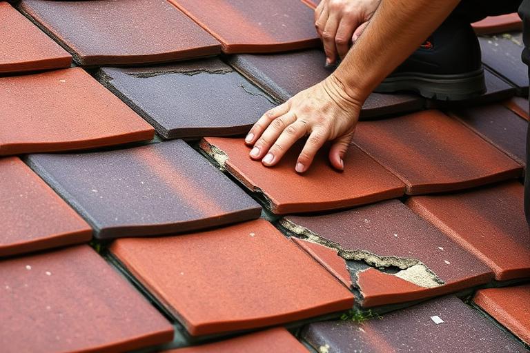 Roofer repairing damaged roof tiles by hand
