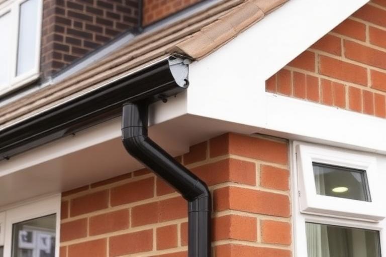 White uPVC fascia boards and black guttering on a brick house